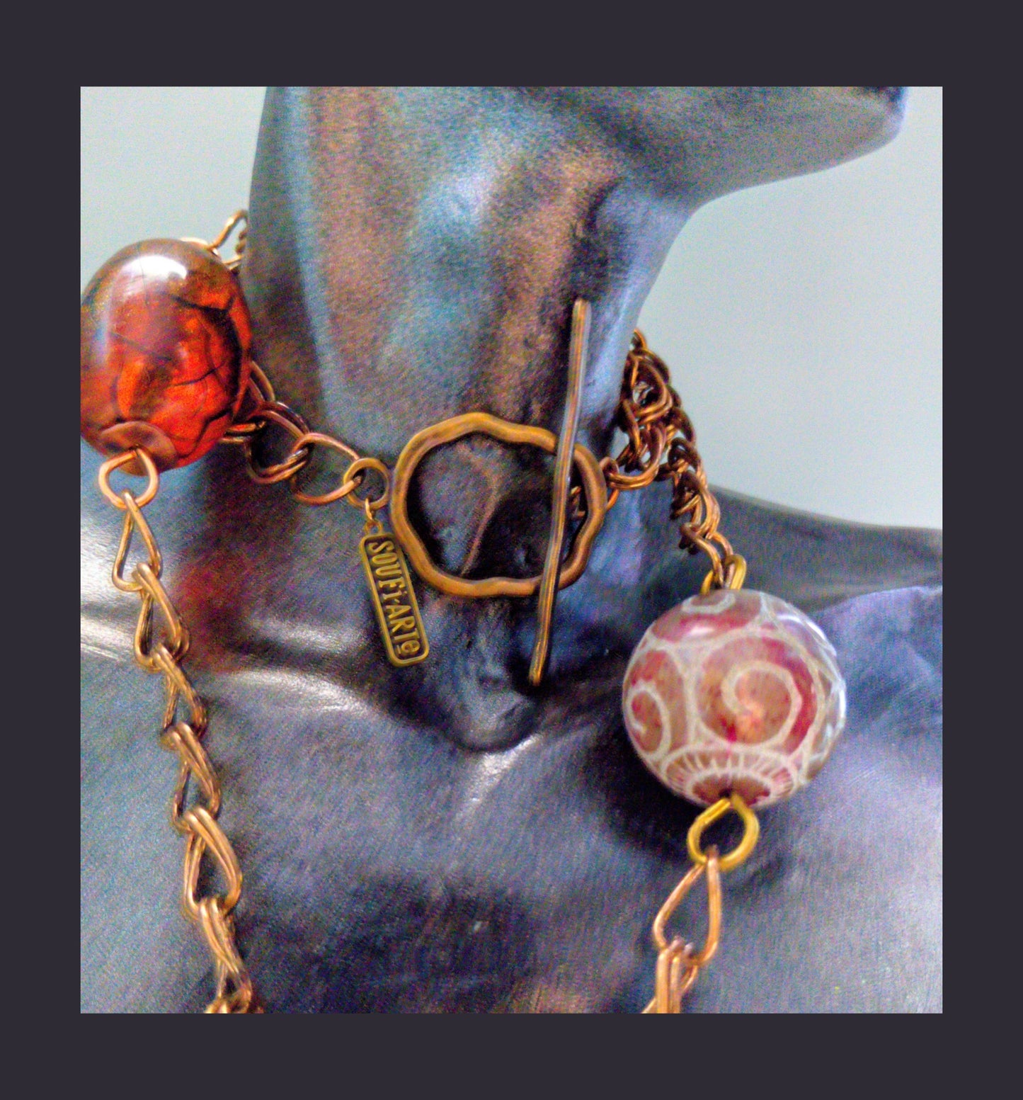 Flame-Painted Copper Flower Necklace with Jade and Brass | SOUFiiARTe Metal Petals