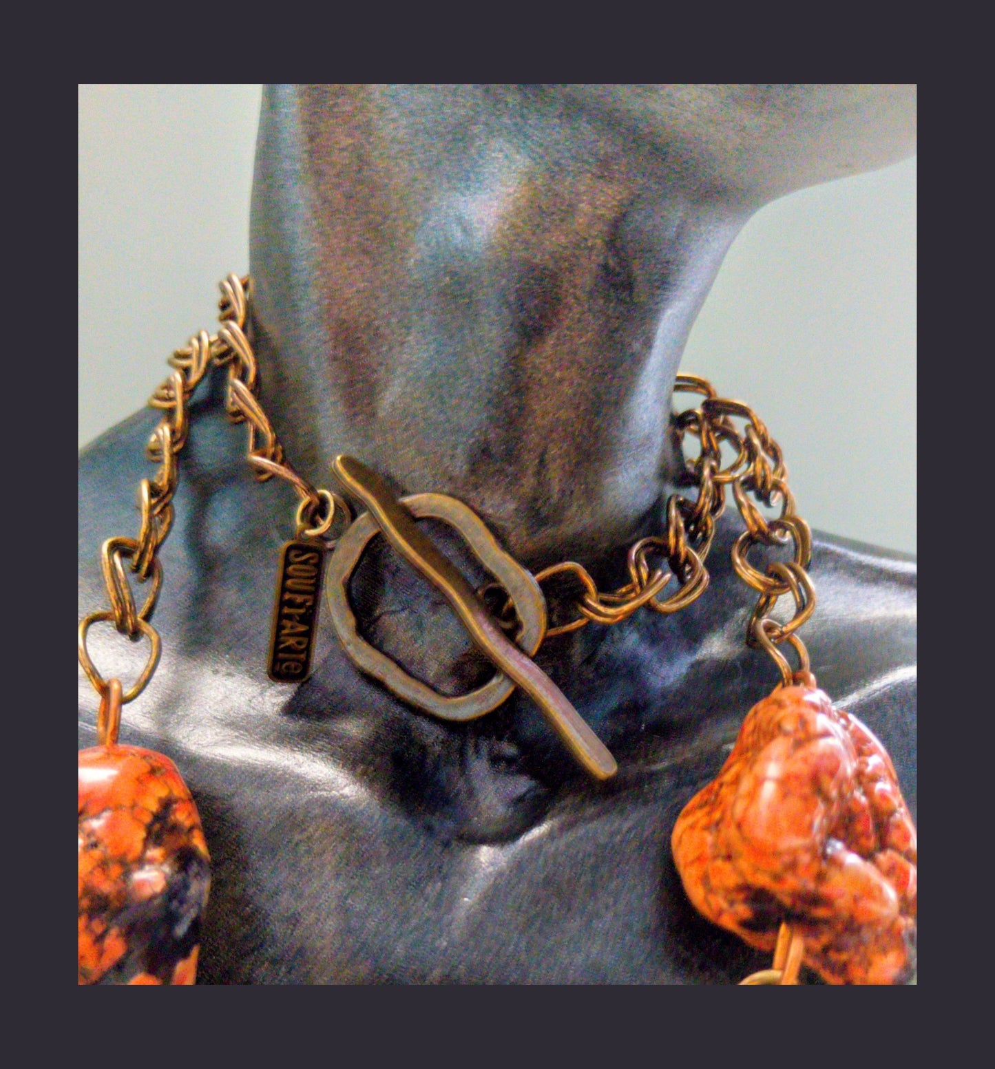 Rectangular Copper Flower Pendant Necklace with Nugget Beads | SOUFiiARTe Metal Petals