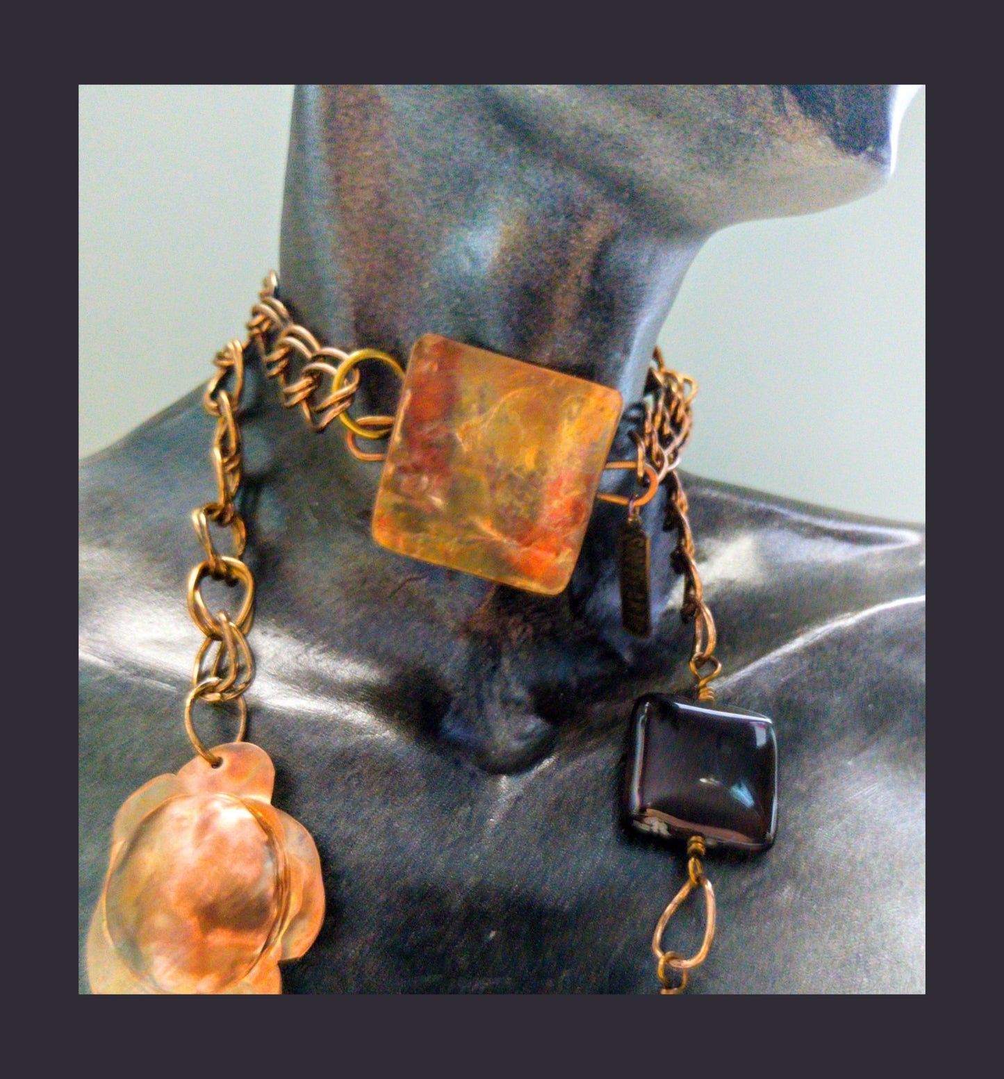 Copper Flower Cluster Necklace with Brown Agate on Brass Chain | SOUFiiARTe Metal Petals