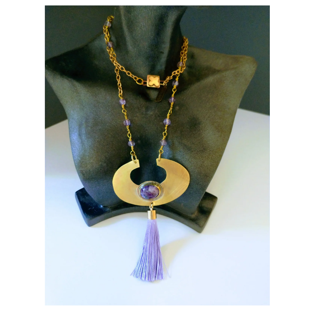Russian Charoite | Amethyst Brass Pendant | Lavender Tassel Necklace | by SOUFiiARTe