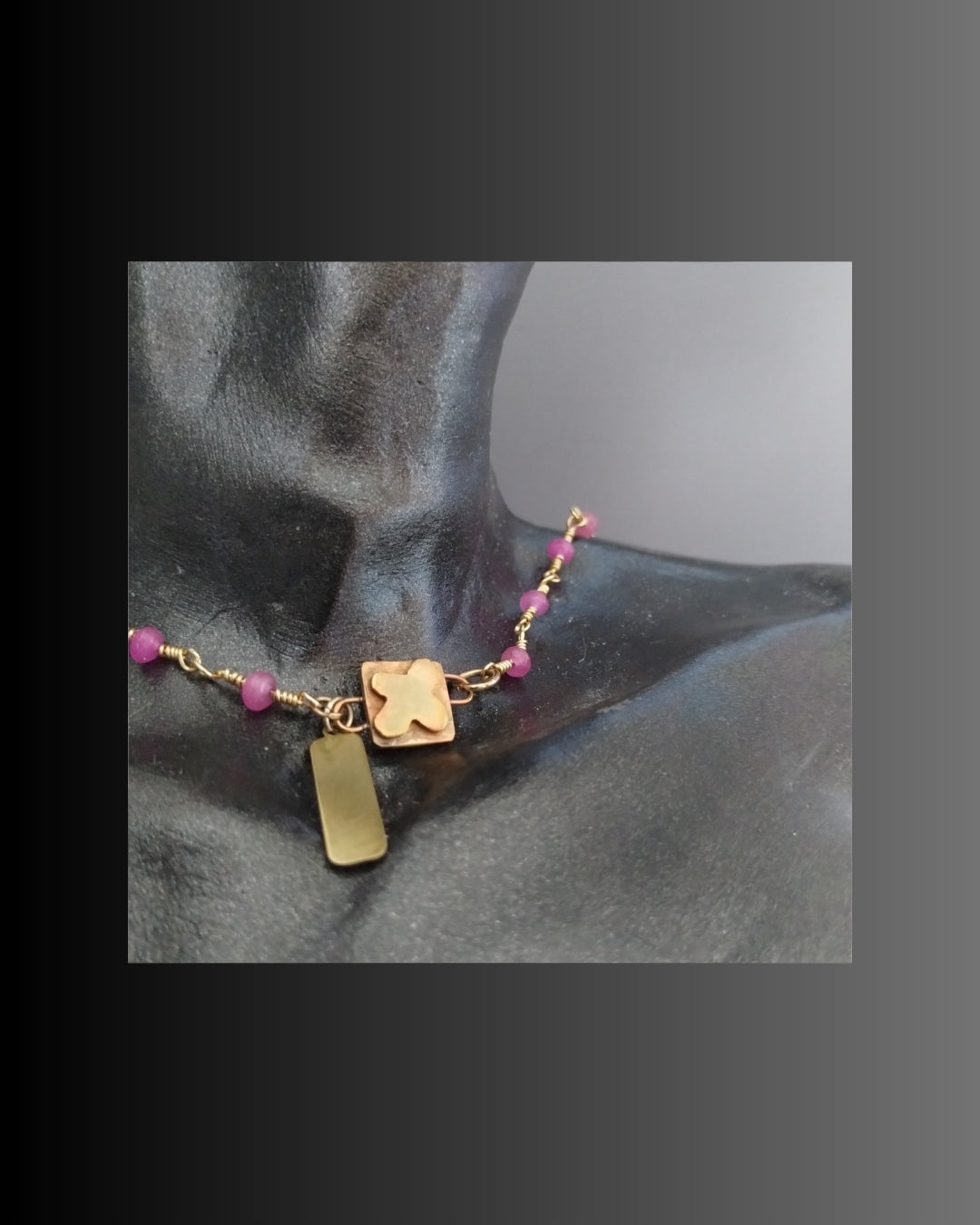 Pink Glass | Fuchsia Tassel | Brass Pendant | Rosary Chain Necklace | by SOUFiiARTe