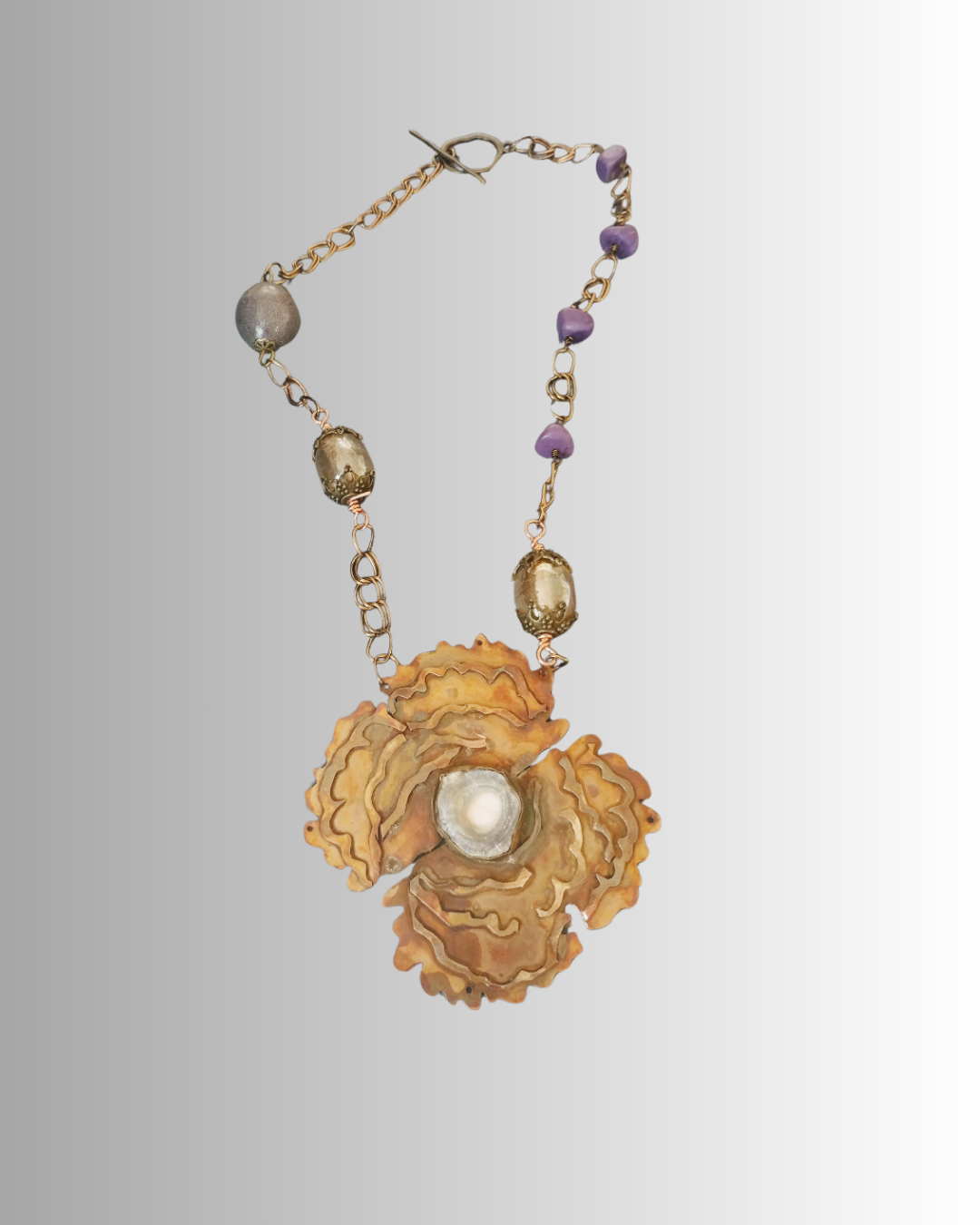 copper floral pendant necklace with soldered petals and desert rose druzy center, handmade by SOUFiiArte