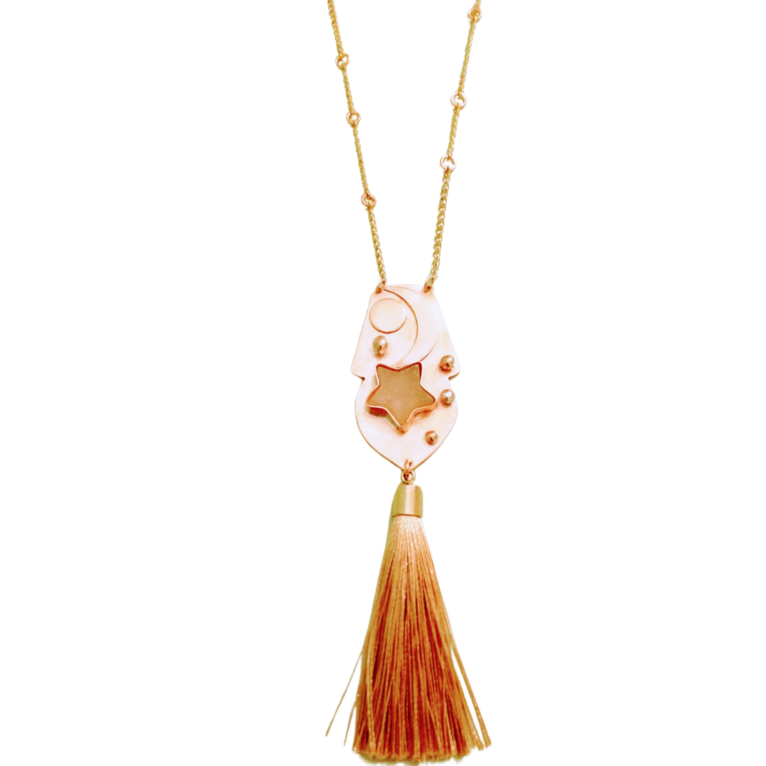 Bronze star druzy and celestial bodies pendant necklace with beige tassel and brass chain from SOUFiiARTe's Marrakesh Collection.