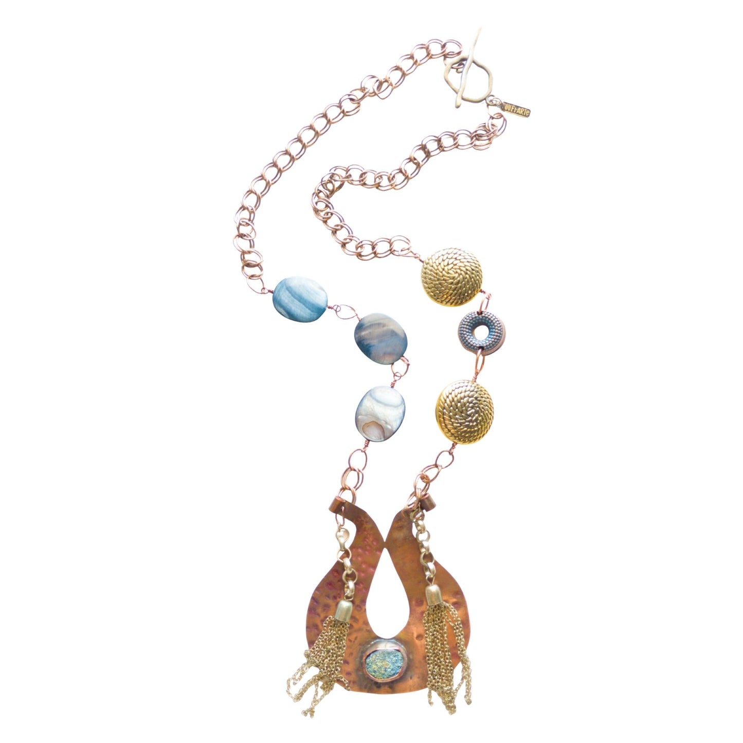 Titanium druzy and copper pendant necklace with temple design and Mother-of-Pearl accents, handmade by SOUFiiARTe.