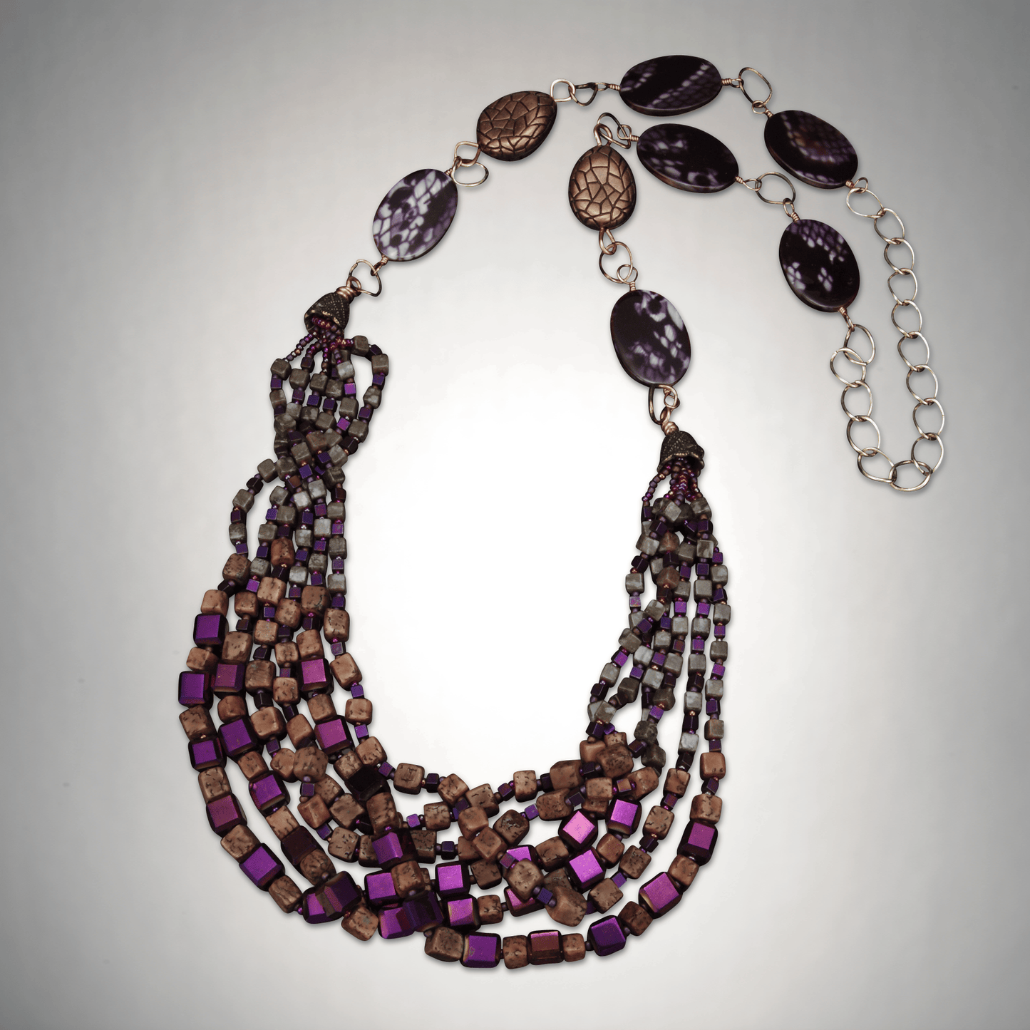 36-inch layered necklace with magenta mirror-effect glassbeads, cubed bloodstone, and copper chain