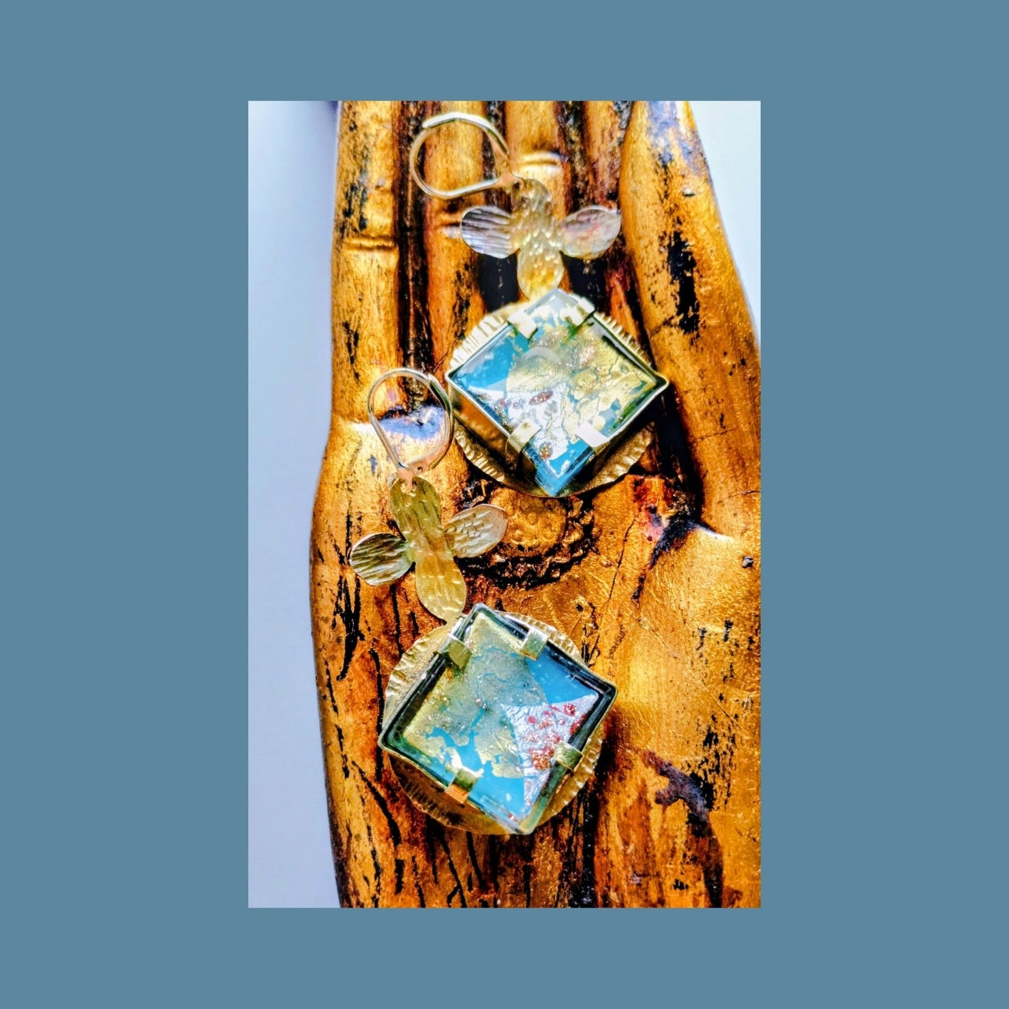 Dichroic Glass Earrings | Gold- Flecked Surface | Hammered Brass | SoufiiArte