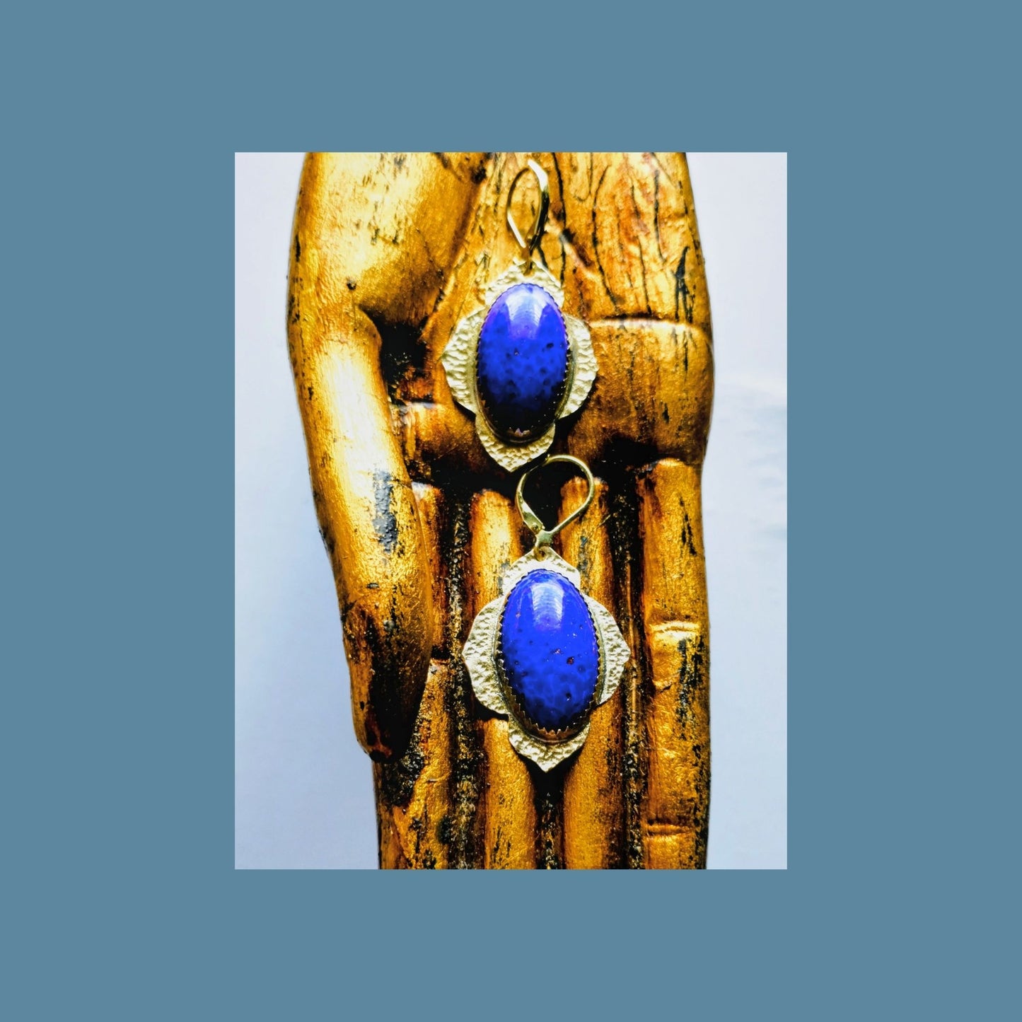 Cobalt Blue Earrings | Floral Glass | Hammered Brass | SoufiiArte