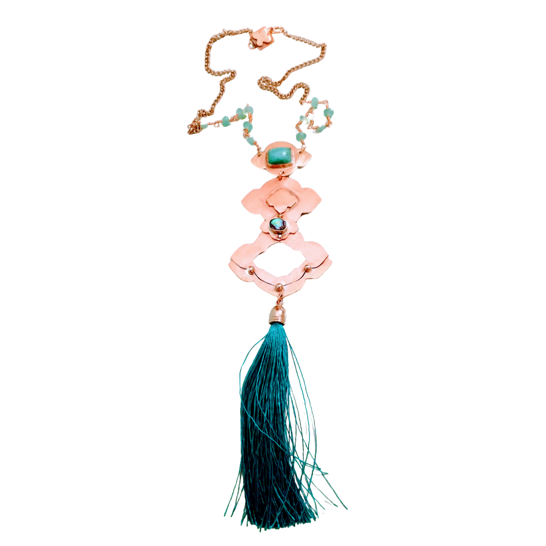 Handmade Royston turquoise and abalone shell necklace with aventurine chain and copper tassel by SOUFiiARTe
