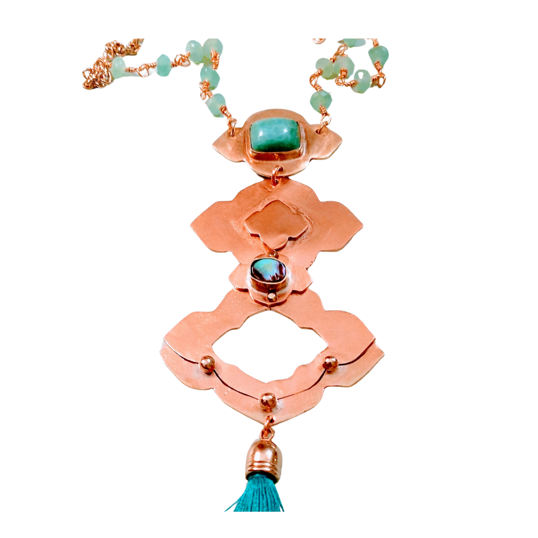Close-up of handcrafted Royston turquoise and abalone shell pendant on aventurine bead chain with copper tassel, artisan jewelry by SOUFiiARTe