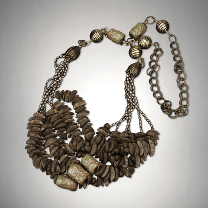 Chic Khaki Cascading Nut & Pearl Beaded Necklace | SOUFiiARTe