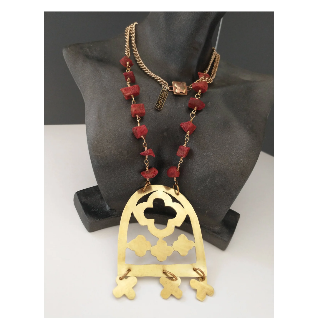 Coral Moroccan Berber Brass & Tassel Charms Necklace | SOUFiiARTe