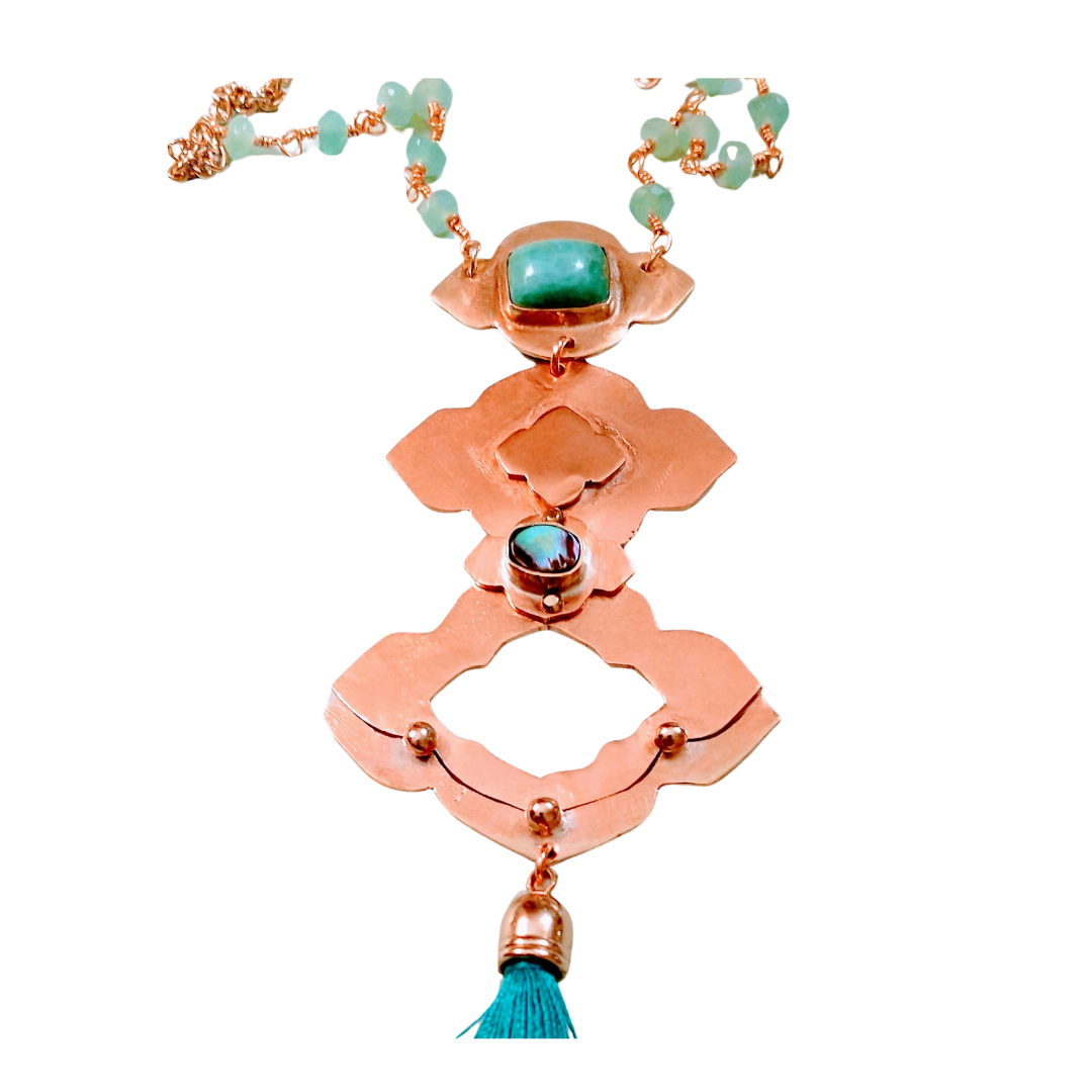 Royston Turquoise & Abalone Tassel Copper Necklace | SOUFiiARTe