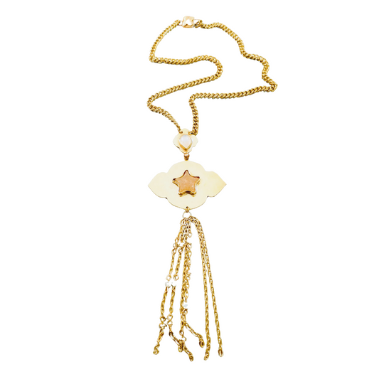 Star Druzy and Moonstone Cabochons & Brass Beaded Metal Tassel Necklace | SOUFiiARTe