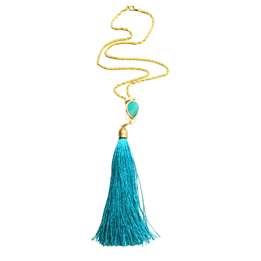 Peacock Green Natural Druzy & Brass Tassel Necklace | SOUFiiARTe