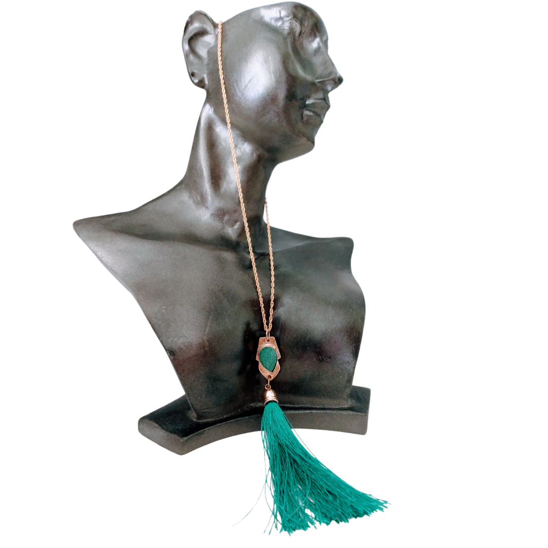 Peacock Green Natural Druzy & Brass Tassel Necklace | SOUFiiARTe