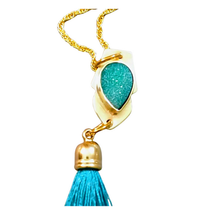 Peacock Green Natural Druzy & Brass Tassel Necklace | SOUFiiARTe