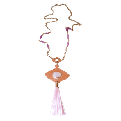 Rose Quartz Double Cabochon & Copper Pendant Tassel Necklace | SOUFiiARTe