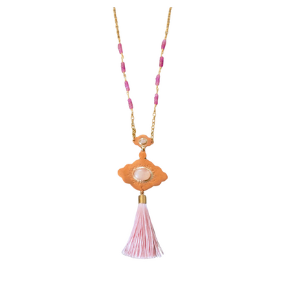 Rose Quartz Double Cabochon & Copper Pendant Tassel Necklace | SOUFiiARTe