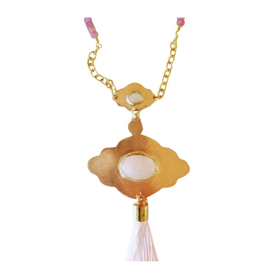 Rose Quartz Double Cabochon & Copper Pendant Tassel Necklace | SOUFiiARTe