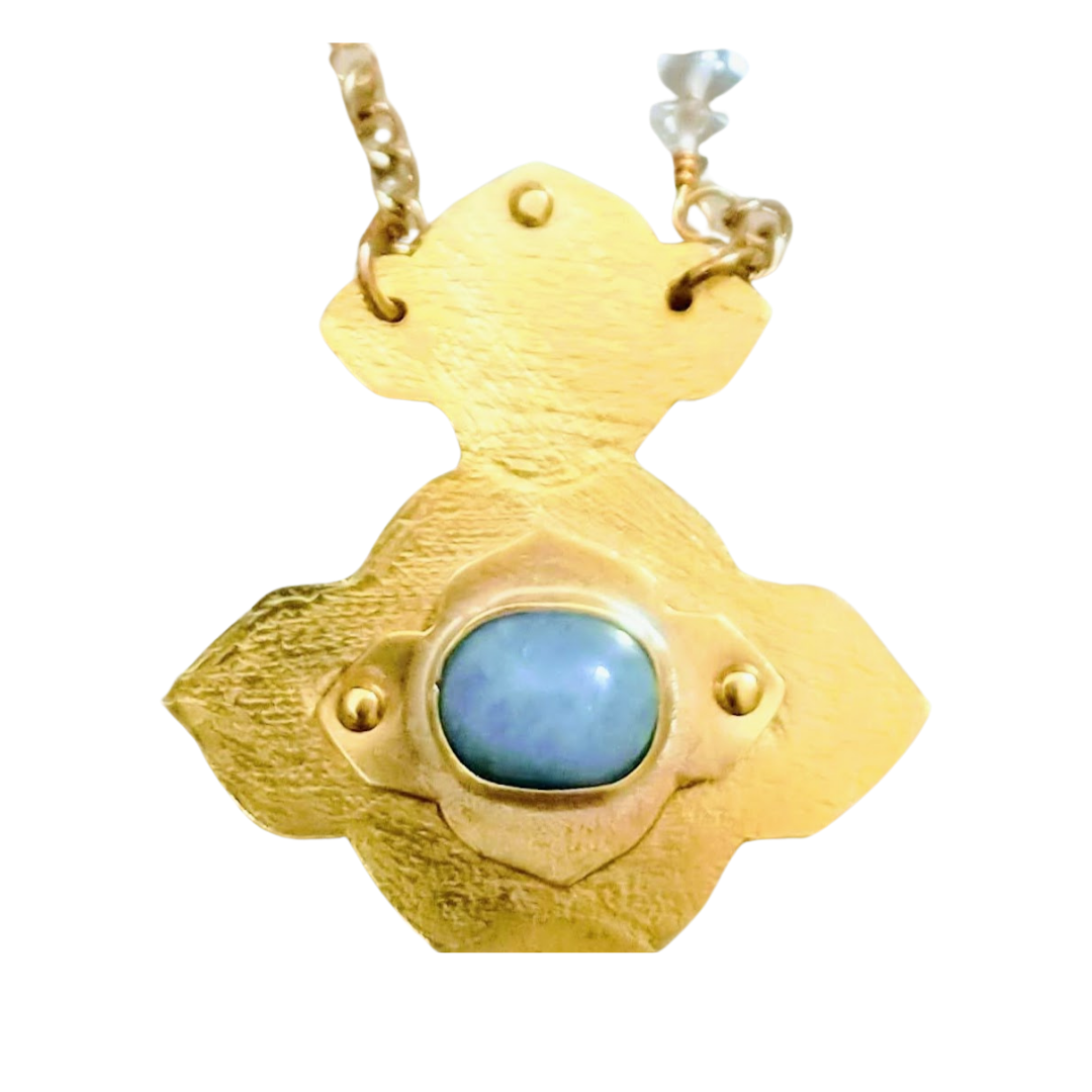 Aquamarine Cabochon & Beads Brass Necklace | SOUFiiARTe