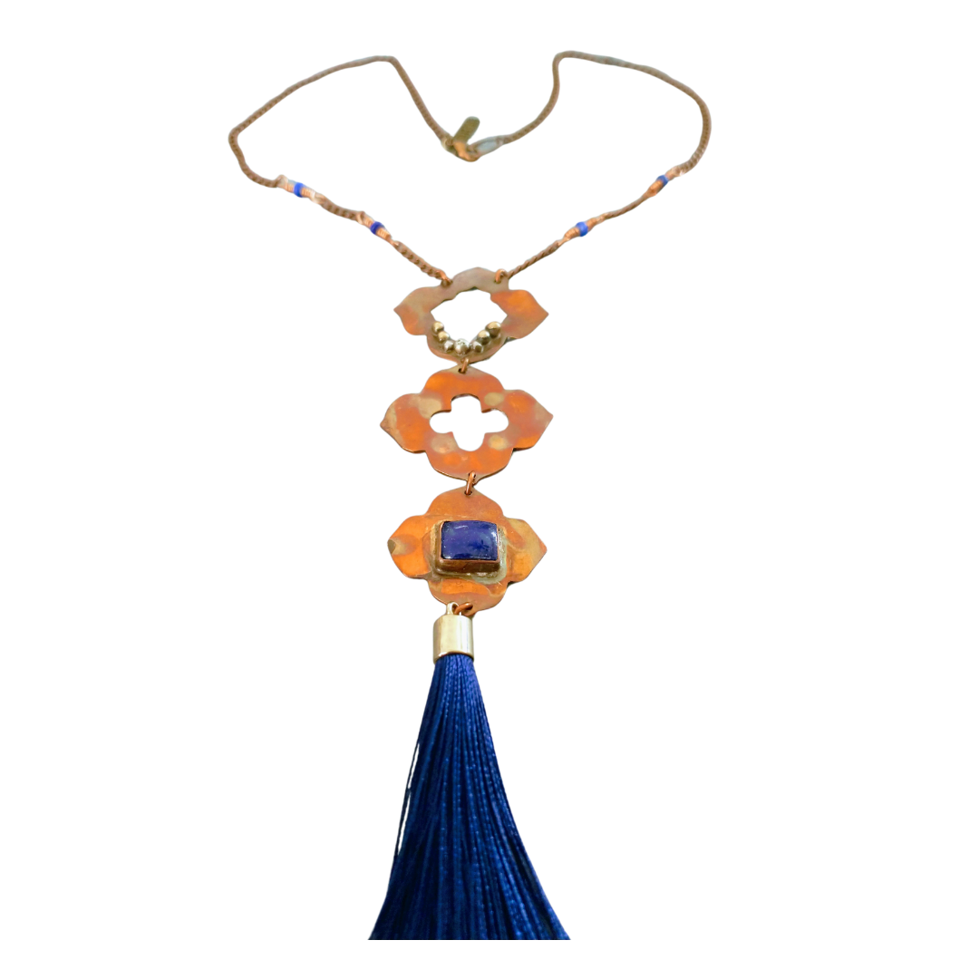 Lapis Lazuli & Flame Painted Copper Tassel Pendant Necklace | SOUFiiARTe