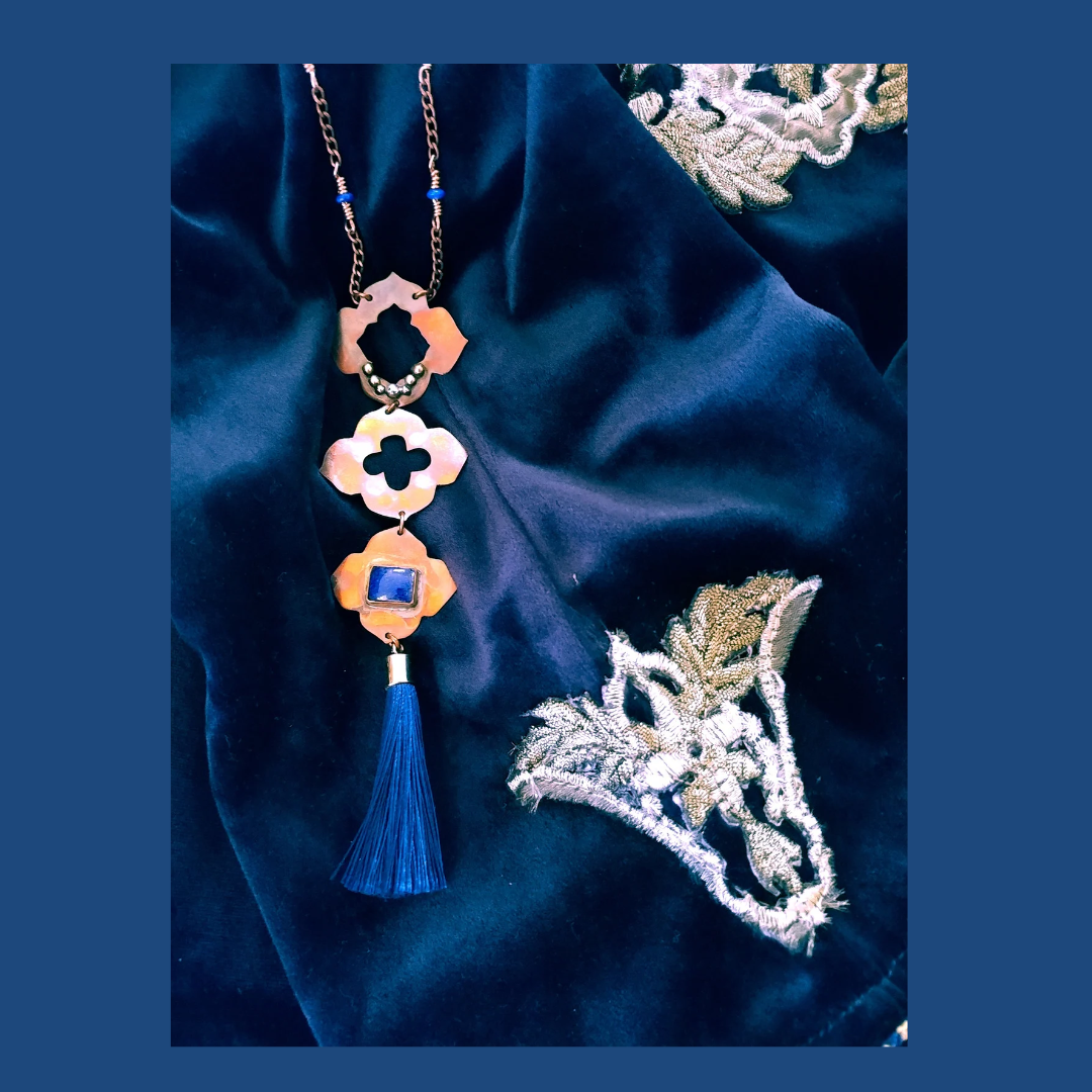 Lapis Lazuli & Flame Painted Copper Tassel Pendant Necklace | SOUFiiARTe