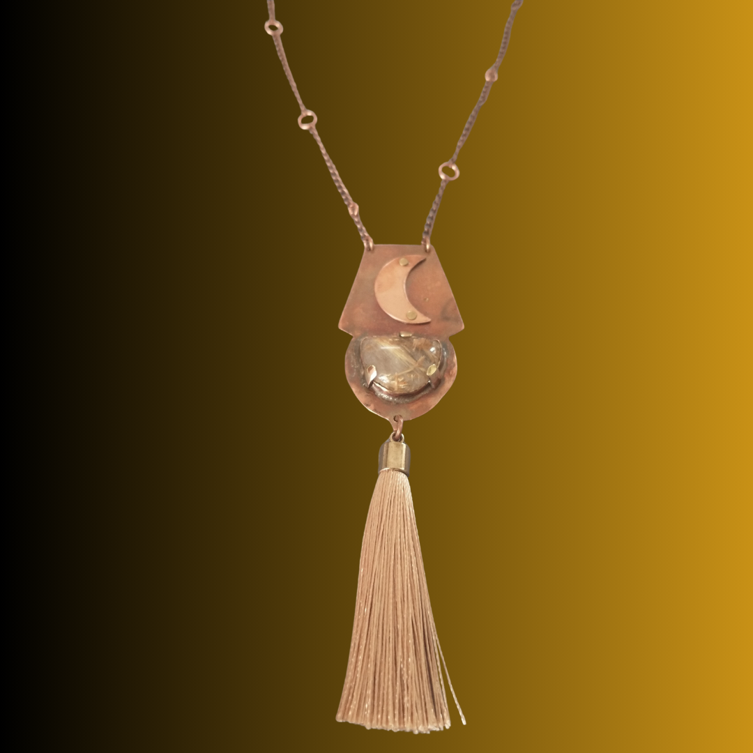 Golden Rutilated Quartz & Copper Moon Tassel Necklace | SOUFiiARTe