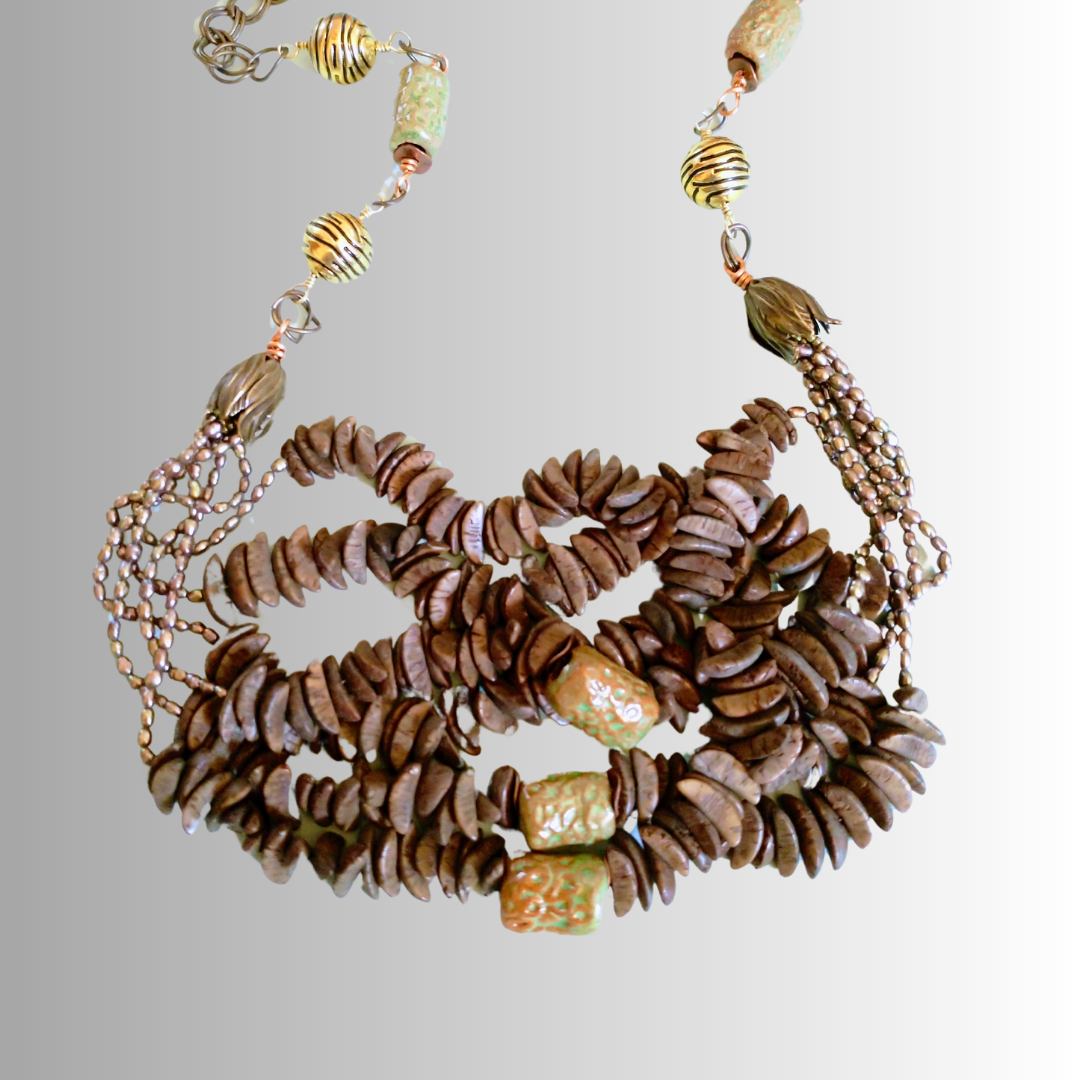 Chic Khaki Cascading Nut & Pearl Beaded Necklace | SOUFiiARTe