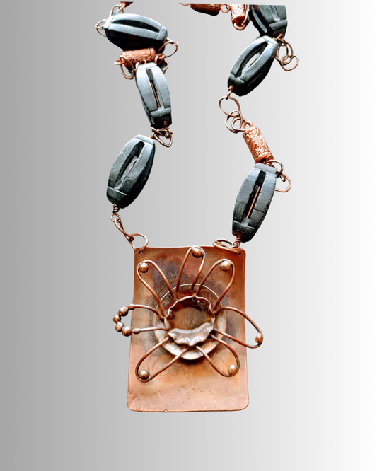 Morning Dew Flower Carved Jet Stone & Copper Necklace | SOUFiiARTe