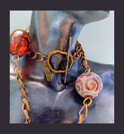 Flame-Painted Copper Flower Necklace with Jade and Brass | SOUFiiARTe Metal Petals