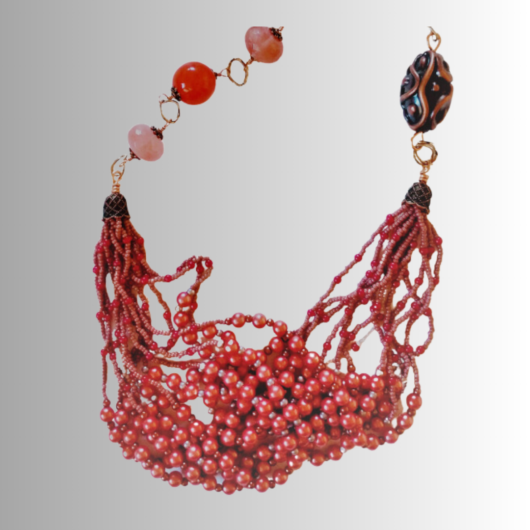 Papaya Multi Layered Glass Pearl Beaded Necklace | SOUFiiARTe