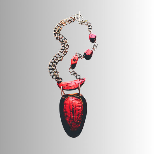 Crimson red polymer pendant with copper base and red coral chain, handcrafted by SOUFiiARTe