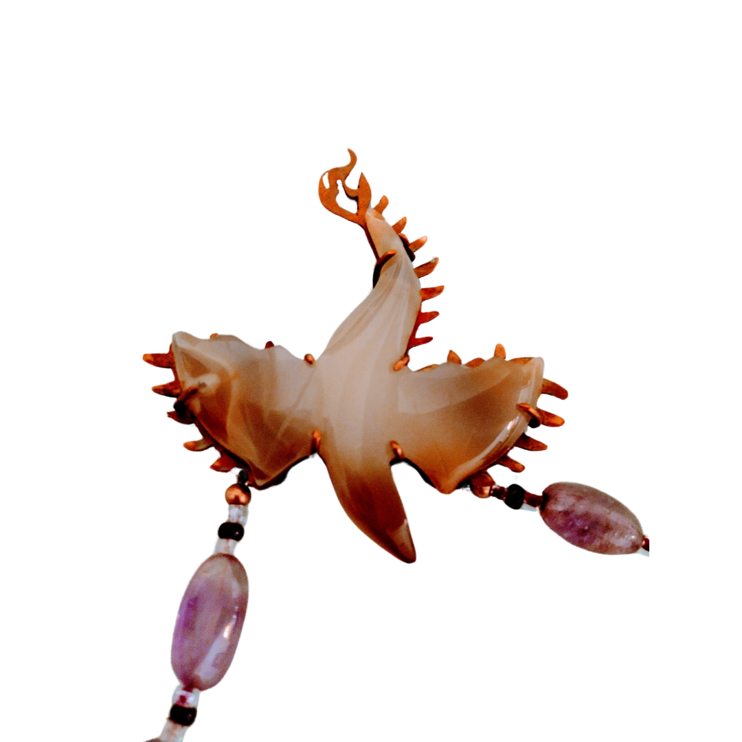 Fiery copper and chalcedony talisman dragon necklace with amethyst beads, handmade by SOUFiiARTe