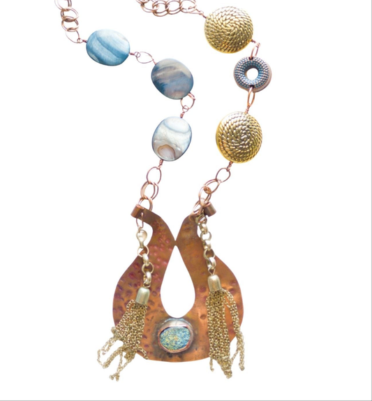 Titanium druzy and copper pendant necklace with temple lyra design and various bead accents, handmade by SOUFiiARTe.