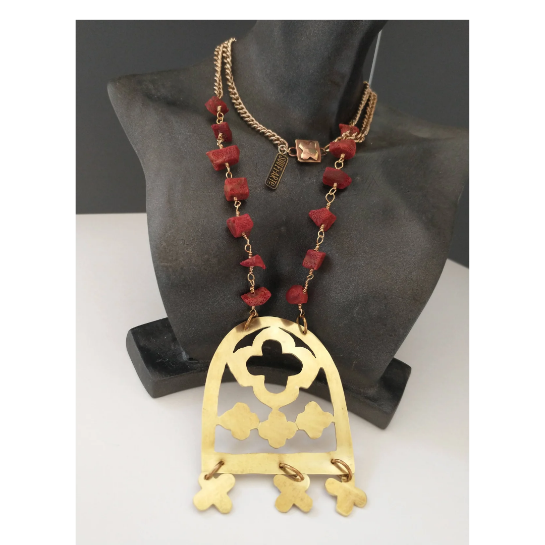 Red Coral | Moroccan Window Brass Pendant | Quatrefoil Charms Necklace | SOUFiiARTe