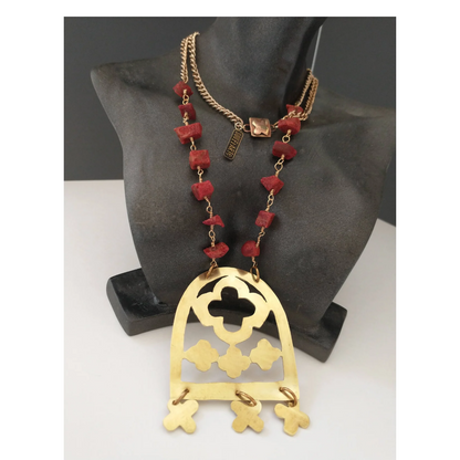 Red Coral | Moroccan Window Brass Pendant | Quatrefoil Charms Necklace | SOUFiiARTe