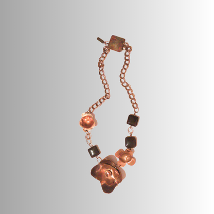 Patina copper flower necklace with brown agate beads and brass chain, handcrafted with SOUFiiARTe hidden clasp.