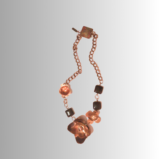 Patina copper flower necklace with brown agate beads and brass chain, handcrafted with SOUFiiARTe hidden clasp.