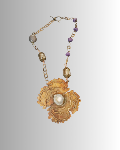 copper floral pendant necklace with soldered petals and desert rose druzy center, handmade by SOUFiiArte