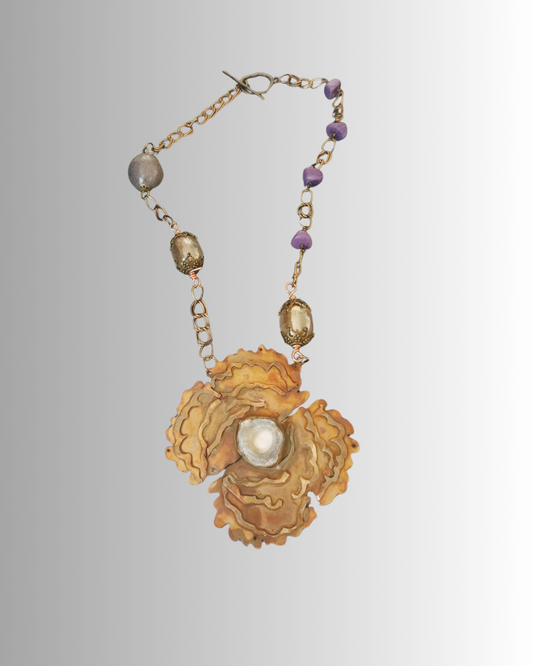 copper floral pendant necklace with soldered petals and desert rose druzy center, handmade by SOUFiiArte