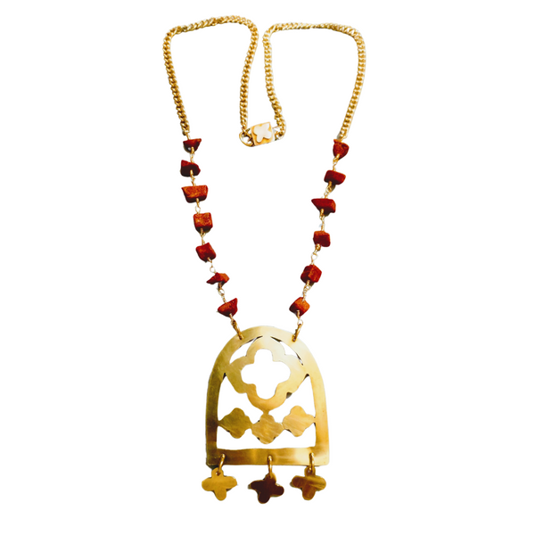 Dark red Coral and brass necklace with large Moroccan-style window pendant and dangling quatrefoil charms, handmade by SOUFiiARTe