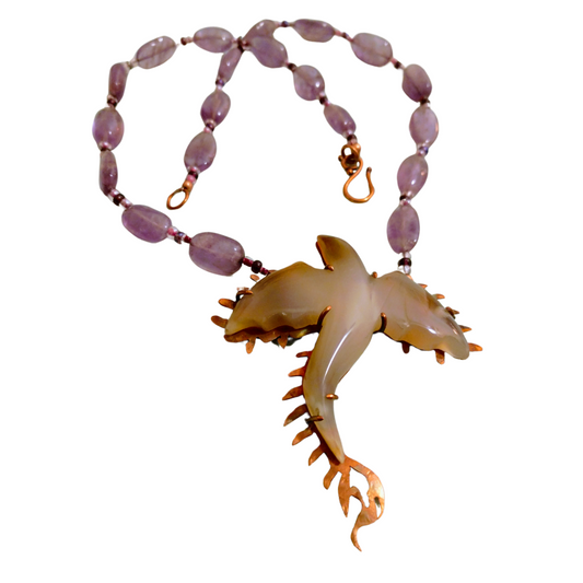 Copper dragon pendant necklace with Amethyst and Chalcedony stones, handmade by SOUFiiARTe