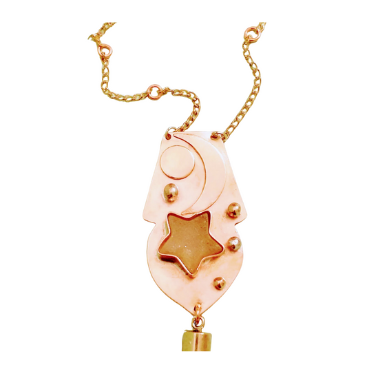 Bronze star druzy and copper moon pendant necklace with beige tassel and brass chain from SOUFiiARTe's Marrakesh Collection.