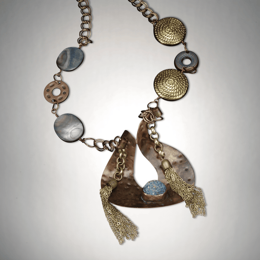 Titanium druzy and copper pendant necklace with temple design and Mother of Pearl accents, handmade by SOUFiiARTe