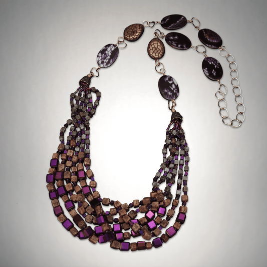 36-inch layered necklace with magenta mirror-effect glassbeads, cubed bloodstone, and copper chain