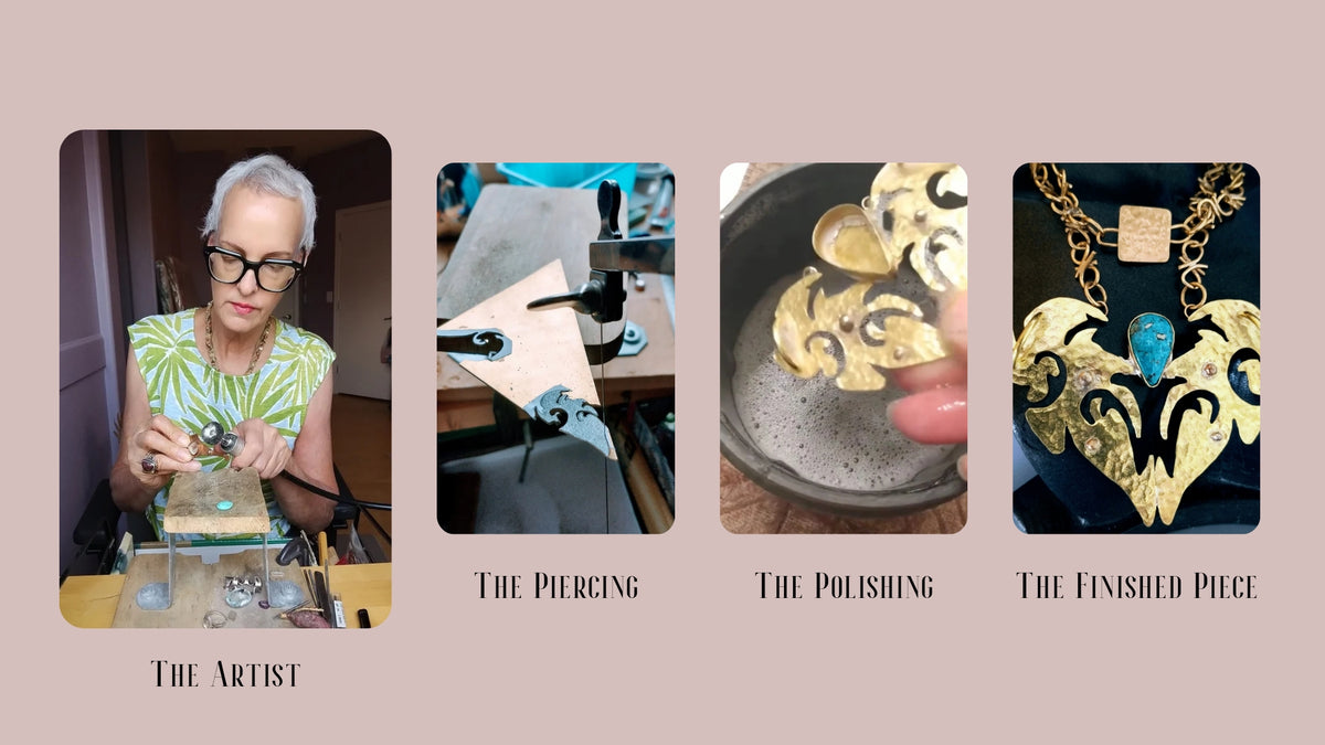 Step-by-step maker's card showing sawed metal brass necklace in soapy water, and finished pendant.