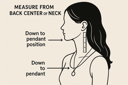 Chain service measurement guide showing how to measure exact necklace length from middle of the neck to pendant, illustrated on a side-view female bust, SOUFiiARTe Studio. 