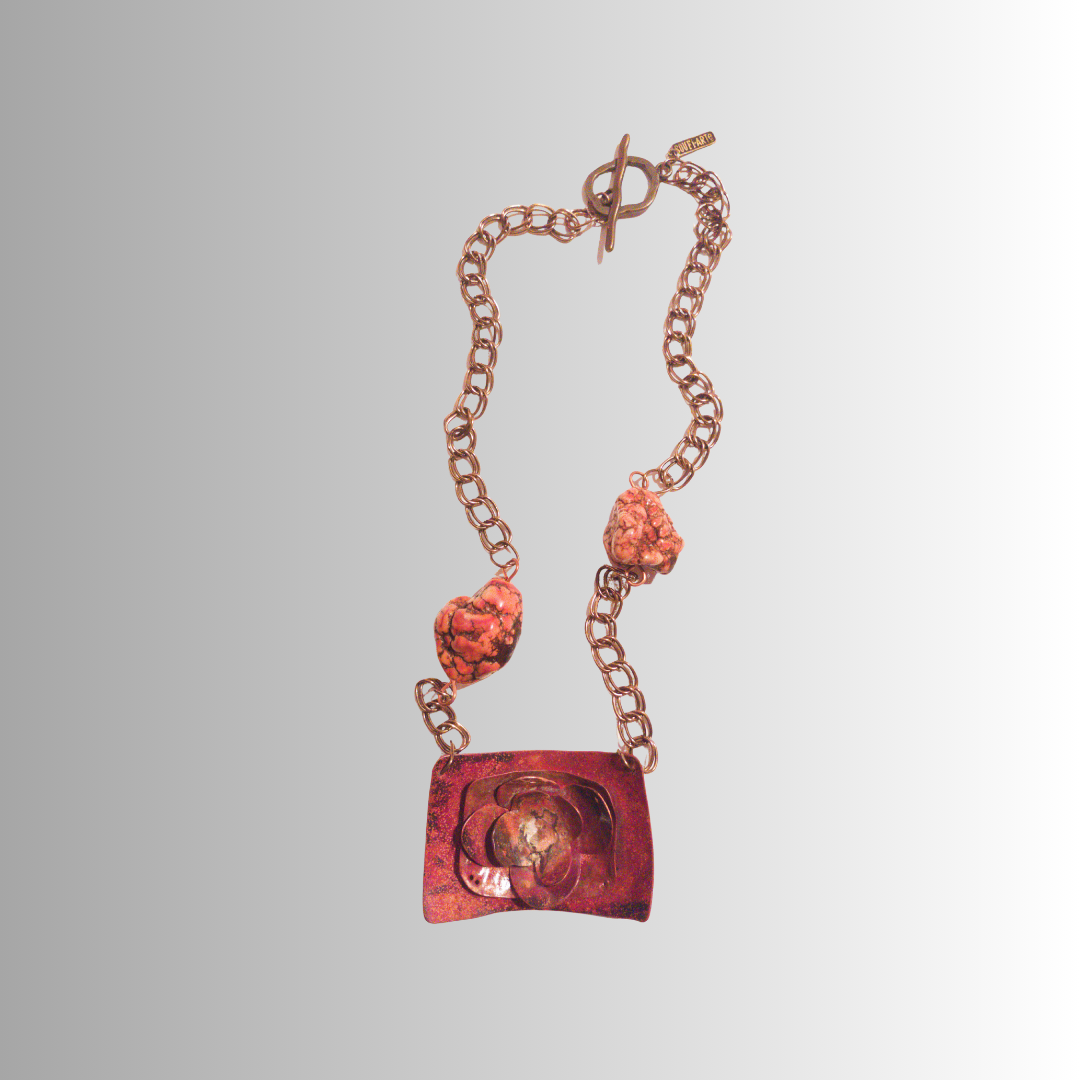 Flame-painted rectangular copper flower pendant with nugget beads on brass chain from SOUFiiARTe's Metal Petals