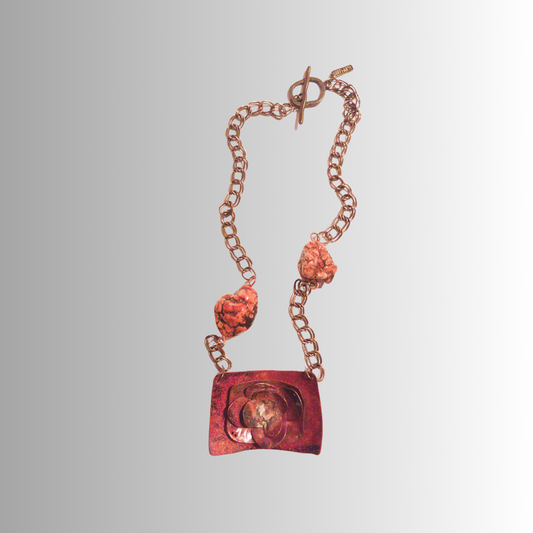 Flame-painted rectangular copper flower pendant with nugget beads on brass chain from SOUFiiARTe's Metal Petals