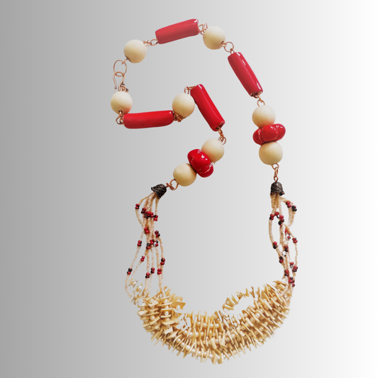 32-inch lightweight shell necklace with bold red ceramic beads and tribal inspired design
